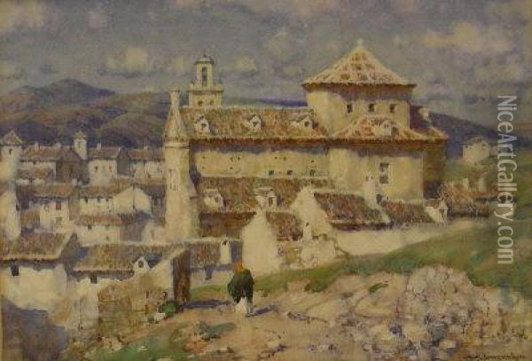 Spanish Village, Watercolour Signed 24cm X 34cm Oil Painting - Albert Moulton Foweraker