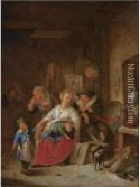 A Barn Interior With A Peasant Family Oil Painting - Cornelis (Pietersz.) Bega