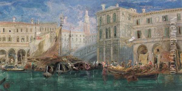 The Orange Market, With The Rialto Bridge Beyond, Venice Oil Painting - James Holland
