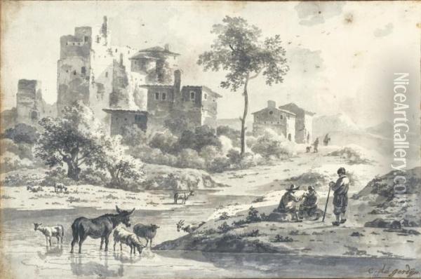 Italian Landscape With Herdsmen And Animals By A Stream Oil Painting - Karel Dujardin