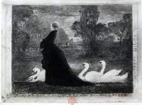 La Dame Aux Cygnes. 1879. Oil Painting - Felix-Hilaire Buhot