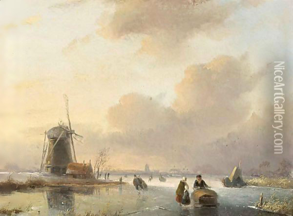Skating Figures By A Windmill Oil Painting - Jan Jacob Coenraad Spohler
