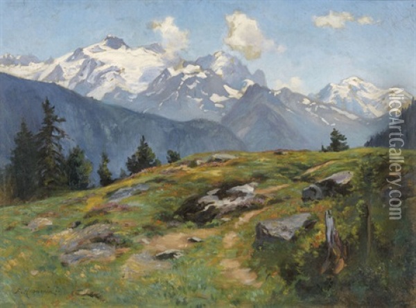 Walliser Bergansicht Oil Painting - Fritz Huguenin