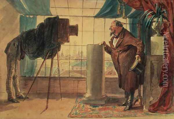 A Businessman at the Photographers Studio, 1860 Oil Painting - Petr Mikhailovich Shmel'kov