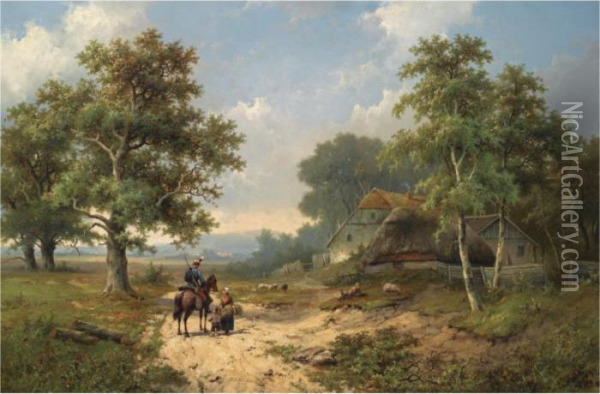 Conversing Figures In A Summer Landscape, Guildford Oil Painting - Hendrik Pieter Koekkoek