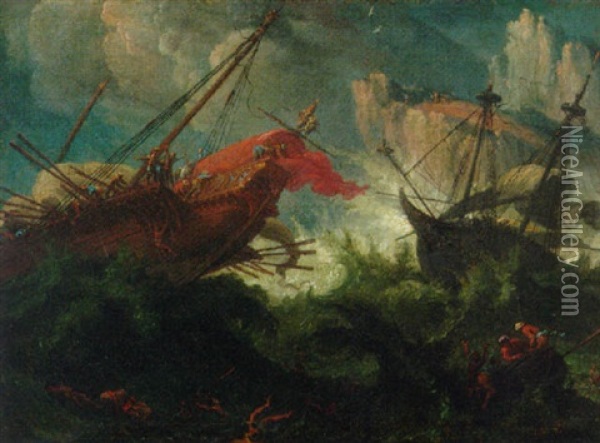 A Galley And A Man-o'-war In Stormy Seas Off A Rocky Coastline Oil Painting - Johann Anton Eismann