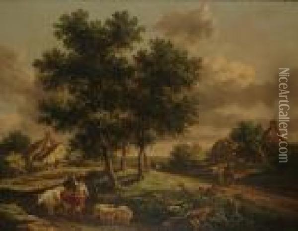 A Country Landscape With Cattle, Sheep And A Herdsman Oil Painting - Henry Milbourne