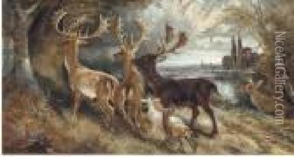 Stags Watering; And Stag's And Hindes By A Tree Oil Painting - Robert Cleminson