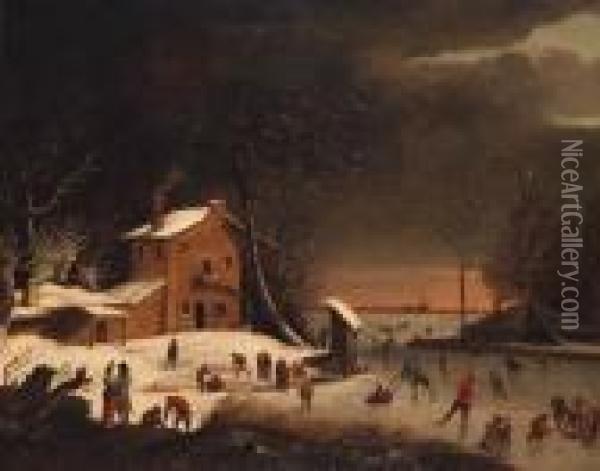 A Winter Landscape With Skaters On A Frozen Waterway Near Afarmhouse Oil Painting - Anthonie Beerstraten
