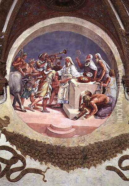 Sacrifice of an Ox, from the Camera dei Venti, 1528 Oil Painting - Giulio Romano (Orbetto)