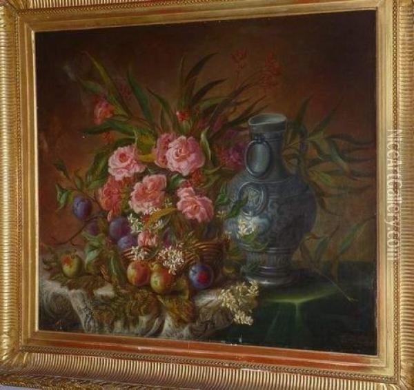 Nature Morte Au Bouquet De Roses Avec Fruits Et Vase Sur Unentablement. Oil Painting - Euphemide Therese David