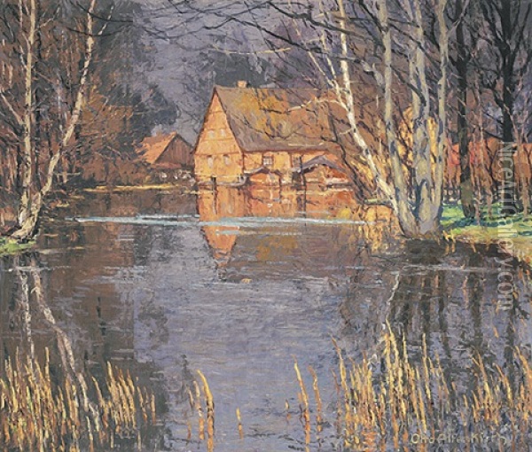 Impressionistische Teichlandschaft Mit Malerischer Muhle Oil Painting - Otto Altenkirch