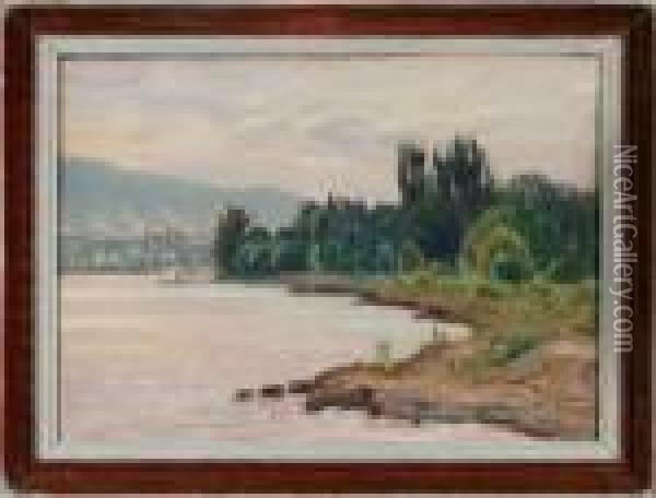 Uferlandschaft Mit Blick Auf Eine Stadt Links Im Hintergrund Oil Painting - Otto Pilny