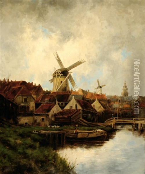 View Of A City With Two Saw-mills And In The Background A Church Tower Oil Painting - Hermanus Koekkoek the Younger