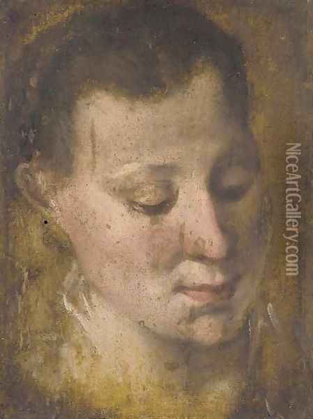 Head of a girl looking down to the right, her hair held in a plait Oil Painting - Annibale Carracci