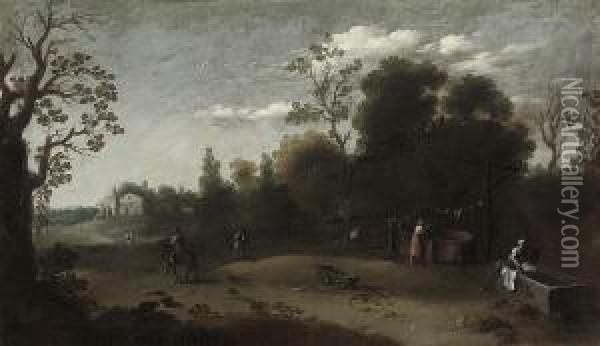 A Wooded Italianate Landscape With Washerwomen In The Foreground Oil Painting - Filippo D Angeli