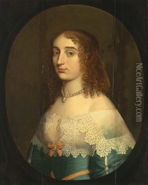 A Portrait Of A Lady, Bust Length, Wearing A Blue Satin Dress With A Pink Ribbon And A White Lace Collar And Pearl Jewellery, In A Painted Oval Oil Painting - Gerrit Van Honthorst
