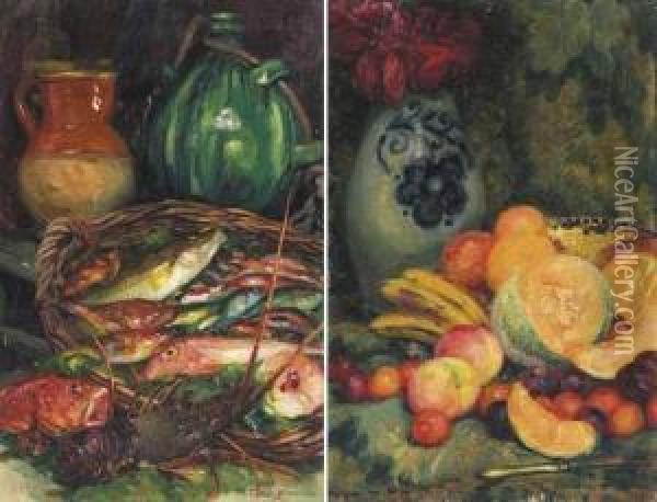 Nature Morte Au Homard Et Aux Fruits Oil Painting - David Dellepiane