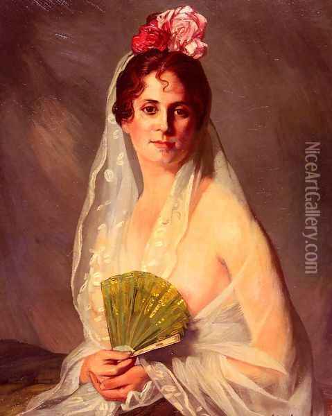 A Lady With A Fan Oil Painting - Eduardo Zamacois y Zabala