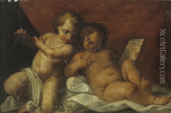 Putti With Globe And Compass (+ Another; Pair) Oil Painting - Antonio Balestra