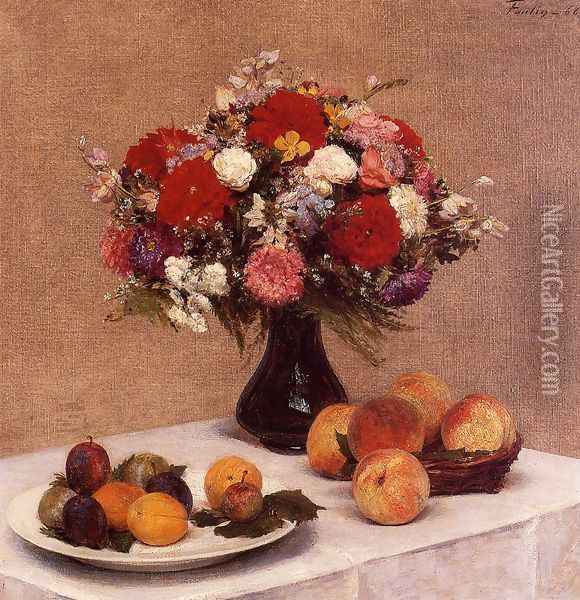 Flowers and Fruit Oil Painting - Ignace Henri Jean Fantin-Latour