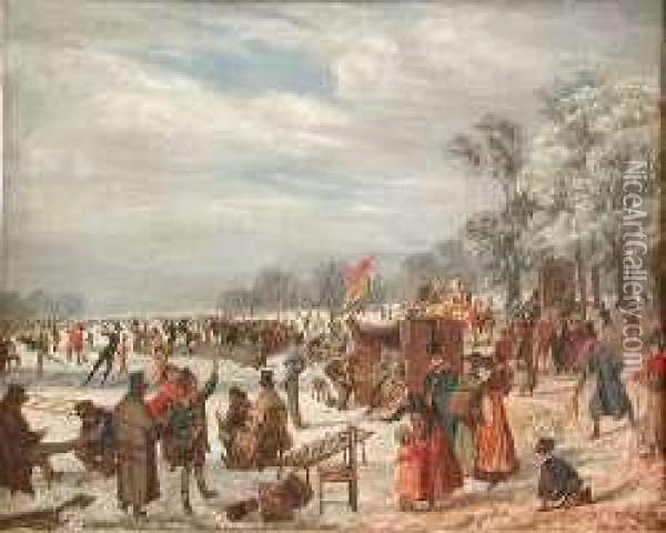 A Busy Skating Scene With Crowds Of Figures On A Frozen Lake Oil Painting - J. Baber