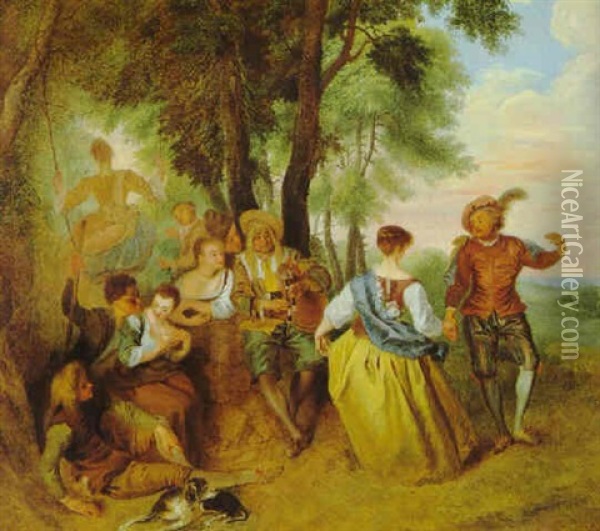 Elegante Gesellschaft Bei Spiel Und Tanz In Einer Landschaft Oil Painting - Jean-Baptiste Pater