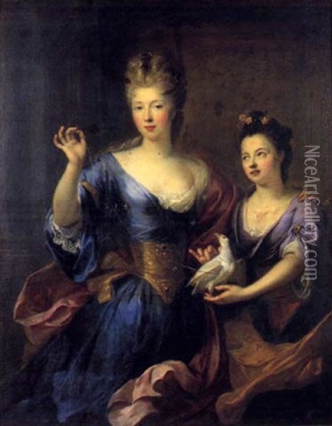 Portrait De Mademoiselle De Presteseille-adnet Et De Sa Soeur Cadette Oil Painting - Alexis-Simon Belle