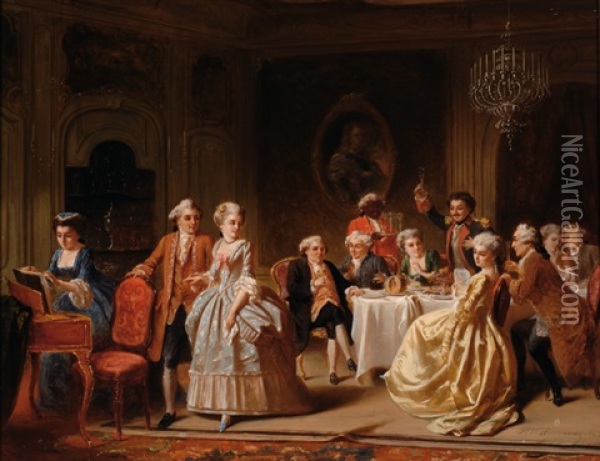 An 18th Century Party In An Interior Oil Painting - Petrus Theodorus Van Wyngaerdt