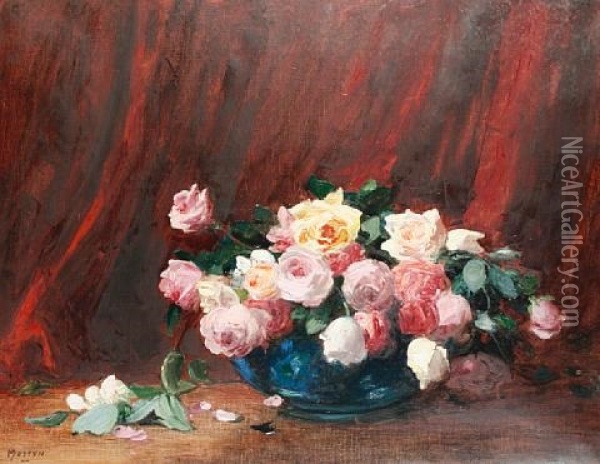 Still Life Of Roses In A Blue Bowl Oil Painting - Thomas Edwin Mostyn