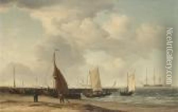 A Beach Scene With Men-o-war In The Distance Oil Painting - Charles Brooking