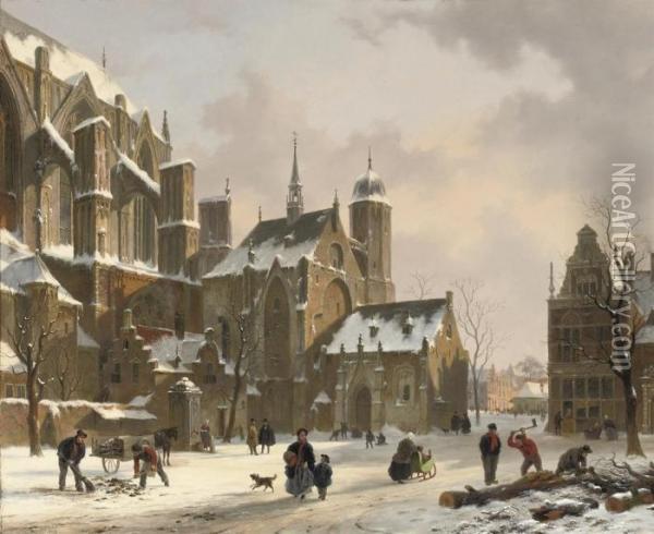 Daily Activities Near A Sunlit Church In Winter Oil Painting - Bartholomeus J. Van Hove