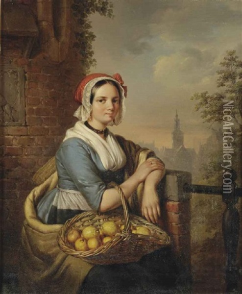A Woman Carrying A Basket Of Fruit Oil Painting - Elisabeth Alida van Haanen