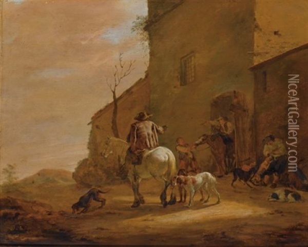 A Landscape With Horsemen Leaving An Inn, Together With Their Dogs, A Man Feeding Other Dogs To The Right Oil Painting - Pieter Jacobsz. van Laer