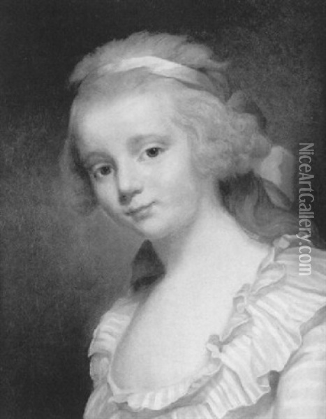 Portrait De Jeune Fille Au Noeud Bleu Dans Les Cheveux Oil Painting - Marie-Victoire Lemoine
