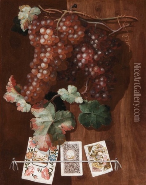 Trompe-l'oeil Einer Holzture Mit Hangenden Weintrauben Und Spitzenbild Oil Painting - Ildefons Troxler