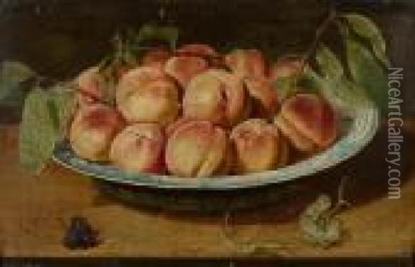 Still Life With Peaches In A Blue And White Porcelain Bowl On Atable. Oil Painting - Jacob van Hulsdonck