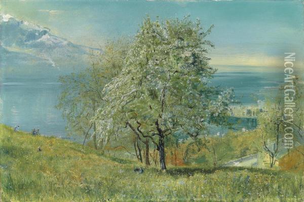 Lake Of Geneva: Looking West Near Territet Oil Painting - John William Inchbold