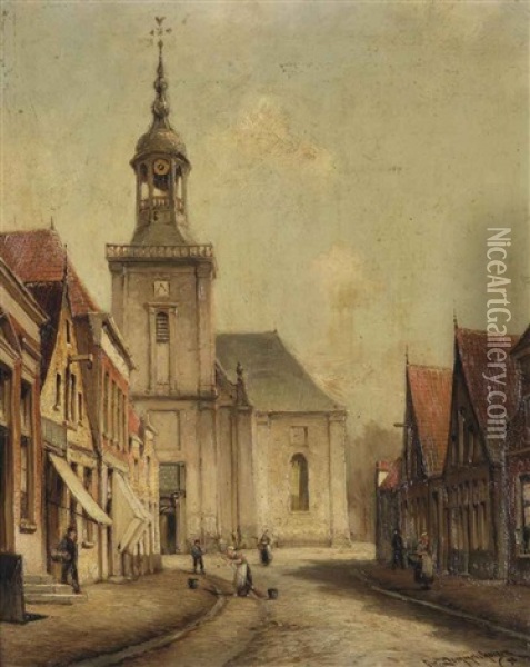 A View Of The Kerkstraat In Almelo Oil Painting - Cornelis Christiaan Dommelshuizen