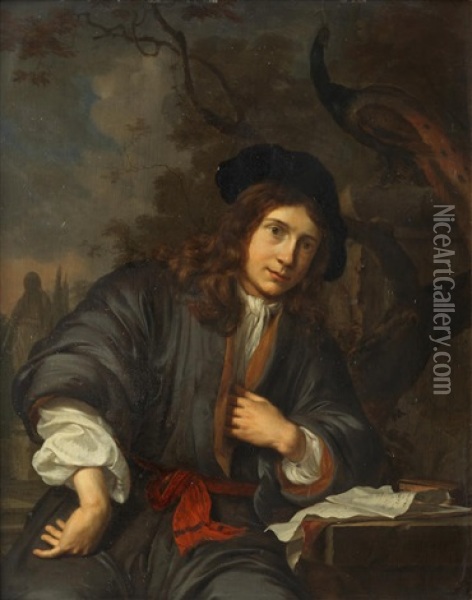 Portrait Of A Young Man, Three-quarter-length, Seated In A Garden With A Peacock Oil Painting - Mattheus Wytmans