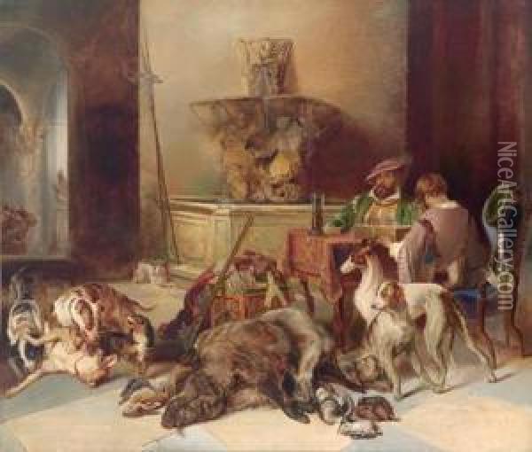 In Der Schloshalle - Links An Einem Tisch Zweijagdherren Oil Painting - Johann Matthias Ranftl