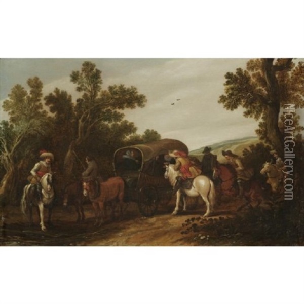 A Wooded Dune Landscape With Bandits Holding Up A Covered Wagon Oil Painting - Jan de Martszen the Younger