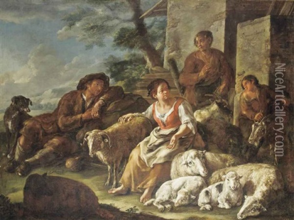 Shepherds And Shepherdesses At Rest With Their Flock, Outside A Barn, A Landscape Beyond Oil Painting - Domenico Brandi