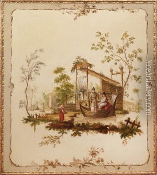 Chinoiserie Scene Of A Couple In A Boat Oil Painting - Jean Baptiste Pillement