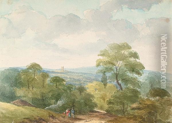 Figures On The Road To Gloucester, With 4 Other Similar Landscapes By The Same Hand Oil Painting - John Charles Denham
