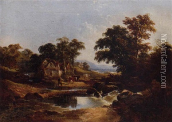 A Drover With Cattle In A River Landscape Oil Painting - Joseph Horlor