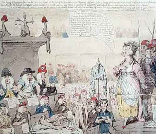 The heroic Charlotte la Corde 1768-93 upon her Trial at the Revolutionary Tribunal of Paris Oil Painting - James Gillray