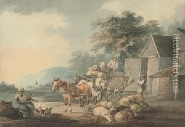 Loading The Wagon (illustrated); And Figures Conversing On Theforeshore Oil Painting - Peter La Cave