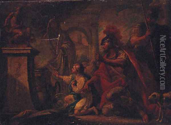 A Roman warrior and a boy before a sacrificial altar Oil Painting - Sebastiano Ricci
