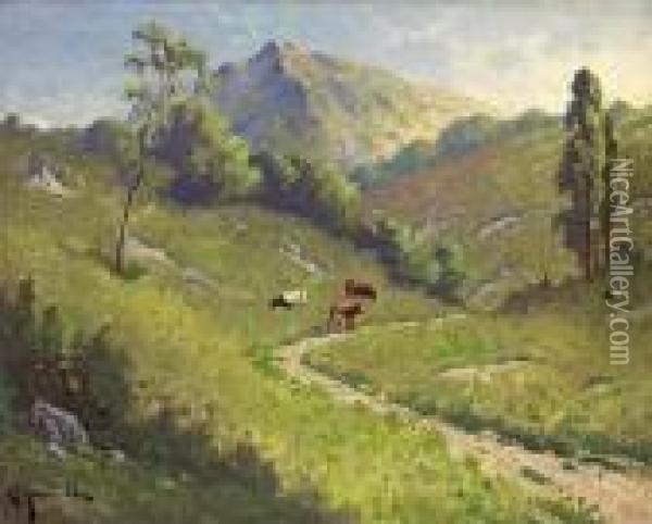 Cattle Grazing With Mt. Tamalpais In The Distance Oil Painting - Carl Henrik Jonnevold